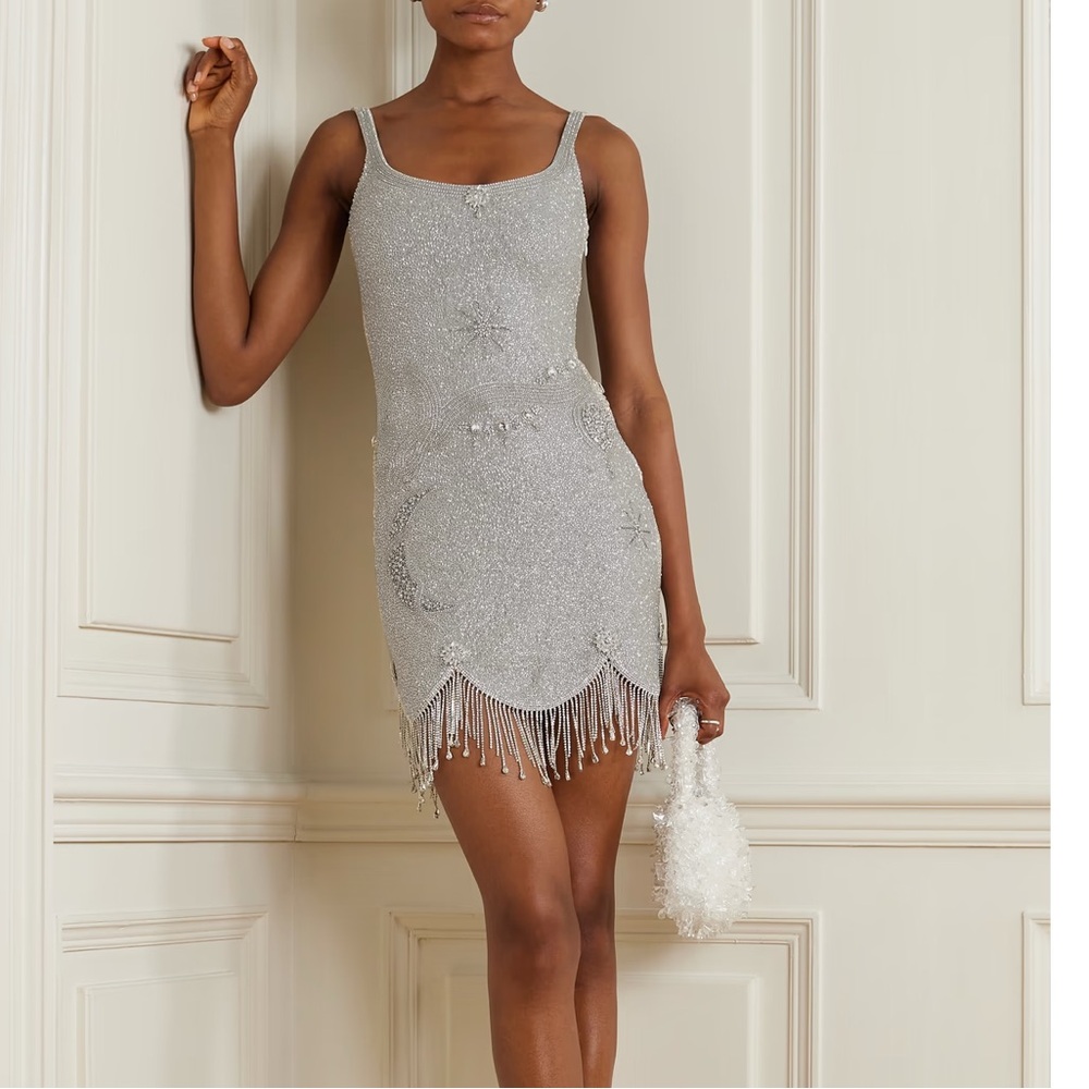 CLIO PEPPIATT Charm fringed embellished stretch-mesh mini dress - Silver M